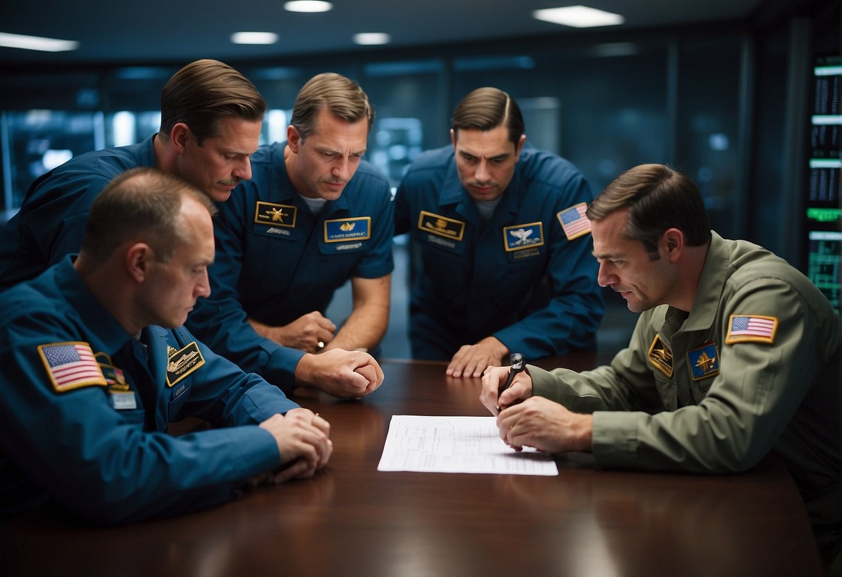 A group of military personnel and scientists collaborate on plans for transitioning military space operations to civilian space exploration