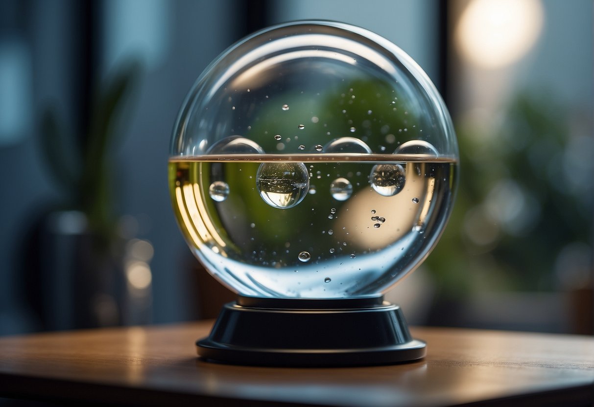 A floating water droplet forms a perfect sphere in a transparent chamber, surrounded by scientific equipment and monitors