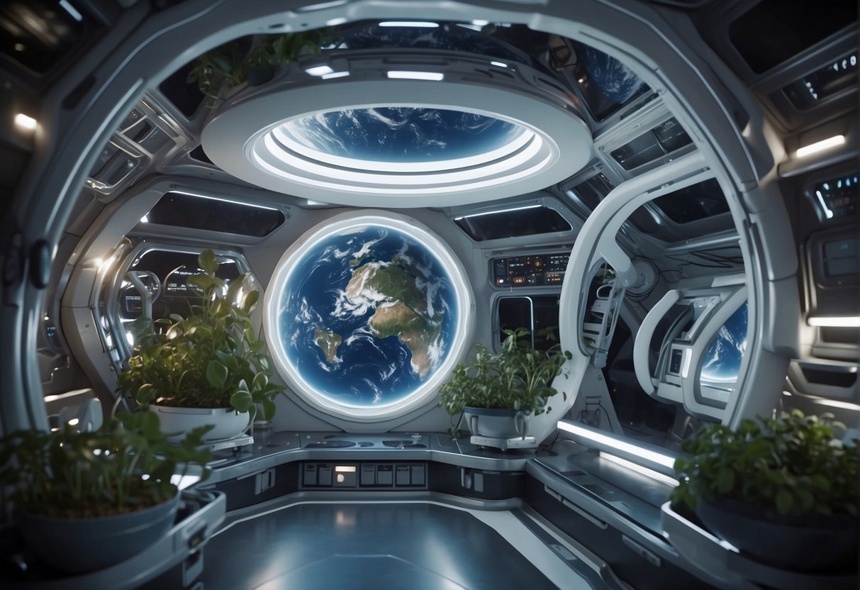 Zero Gravity Health - A network of interconnected space habitats floats in zero gravity, supported by advanced life support systems. Plants and machines work together to maintain the health and physiology of the inhabitants