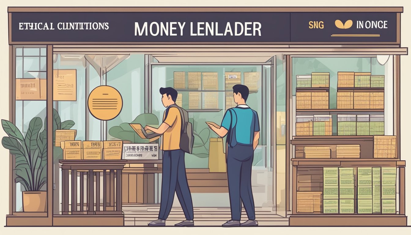 A moneylender in Singapore explains ethical practices. Display a sign with clear terms and conditions. Show diverse clientele receiving fair treatment