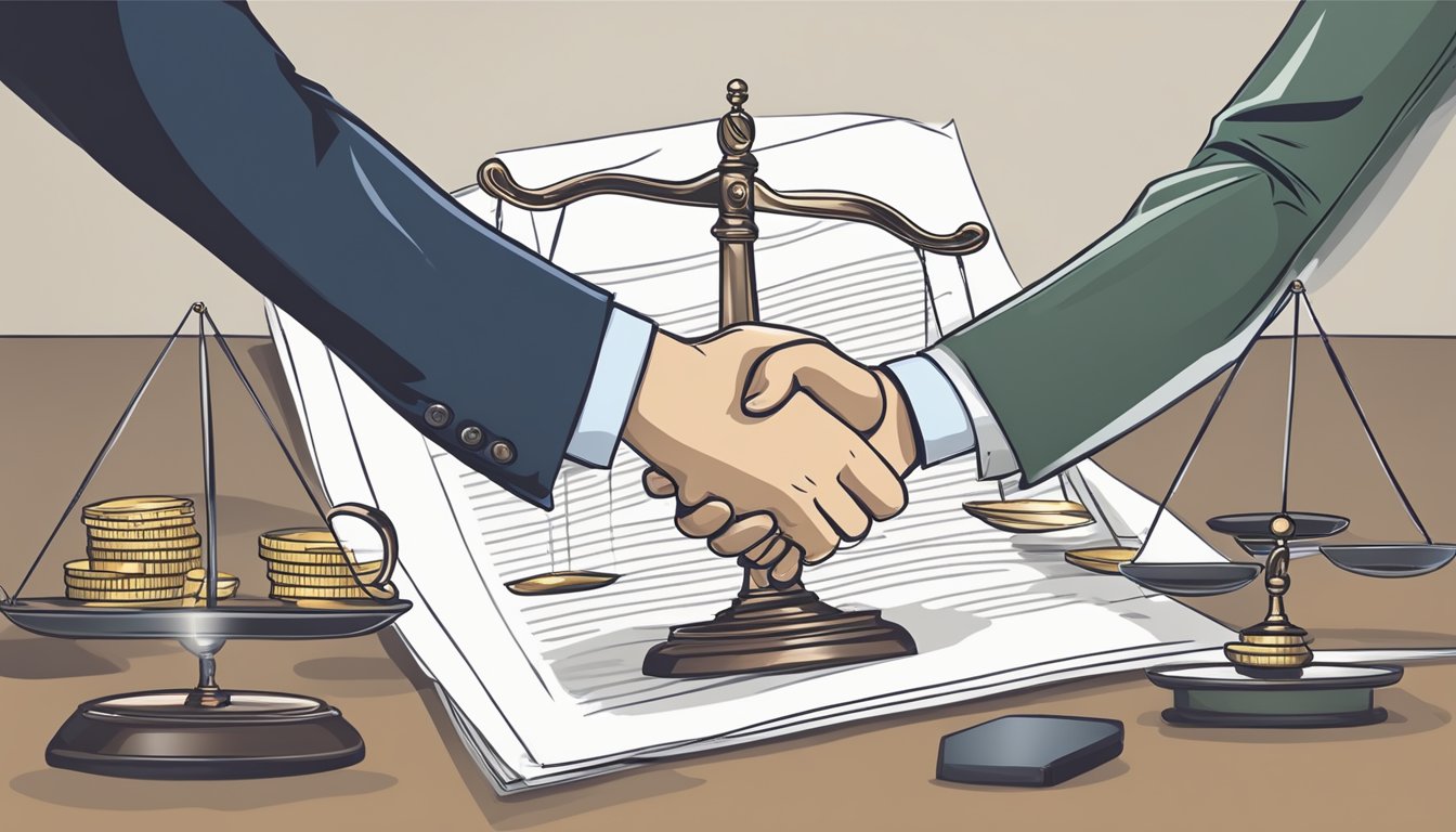 A handshake between a lender and a foreign borrower, with a transparent contract and a scale symbolizing fairness in the background