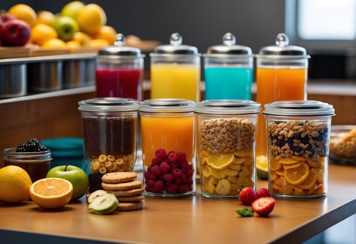 A table displays colorful, nutrient-packed space food pouches and dehydrated fruits, accompanied by futuristic utensils and a zero-gravity drink dispenser