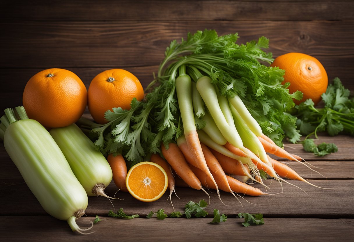 A colorful array of fresh carrots, vibrant green celery, and juicy oranges sit on a rustic wooden table, ready to be transformed into 12 best recipes of carrot juice