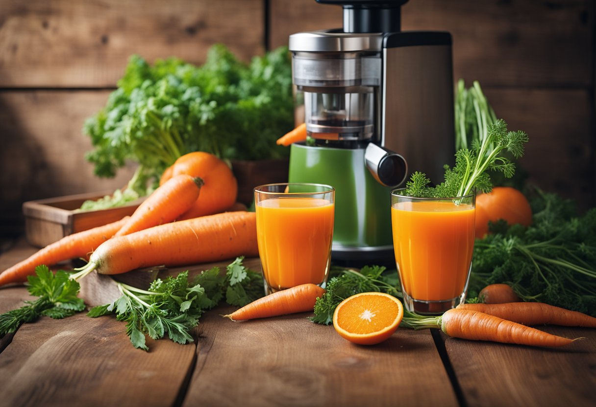 A glass of vibrant orange carrot juice surrounded by fresh carrots, green leaves, and a juicer on a wooden table