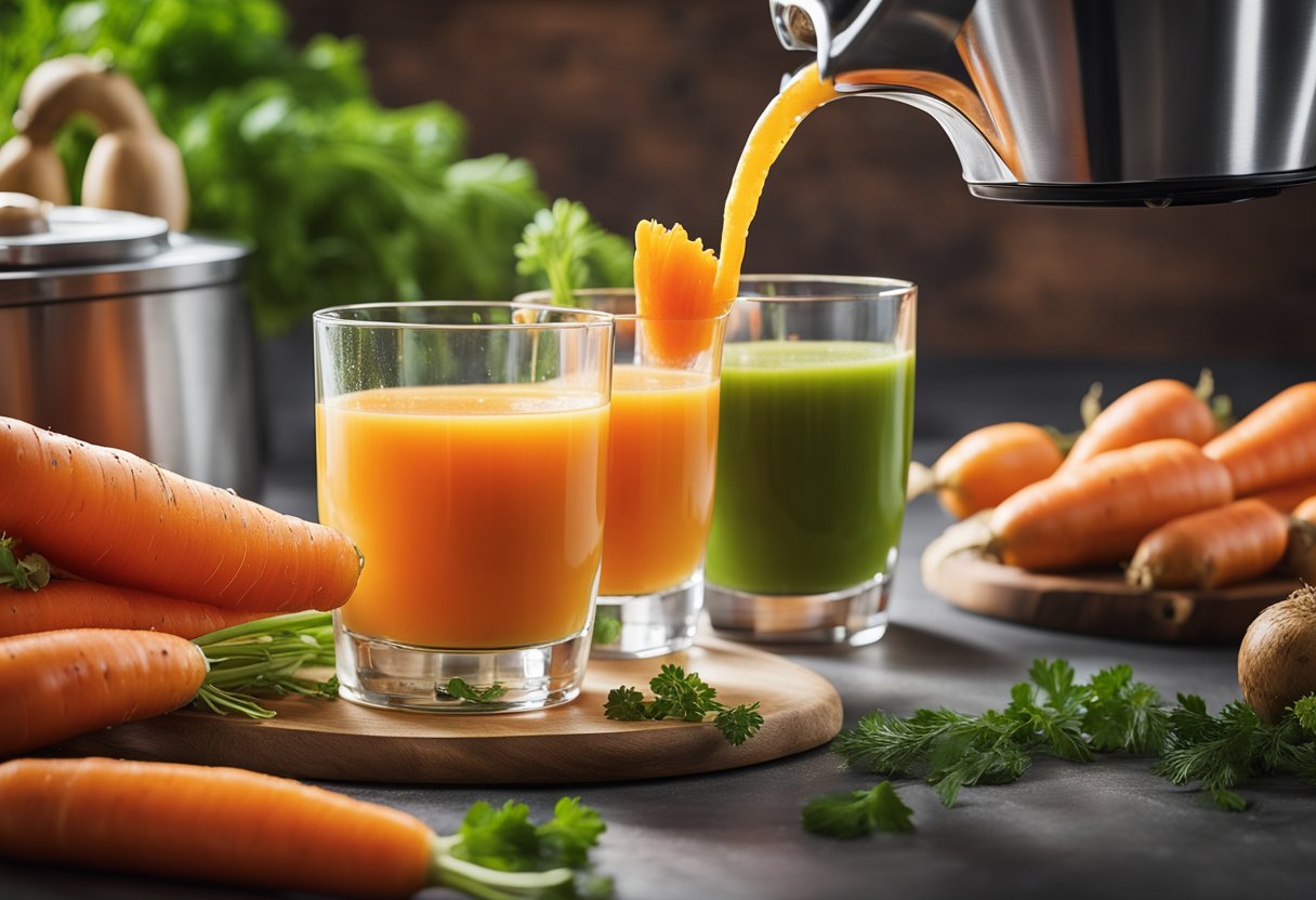 A glass of fresh carrot juice being poured from a juicer, surrounded by vibrant carrots, ginger, and other ingredients