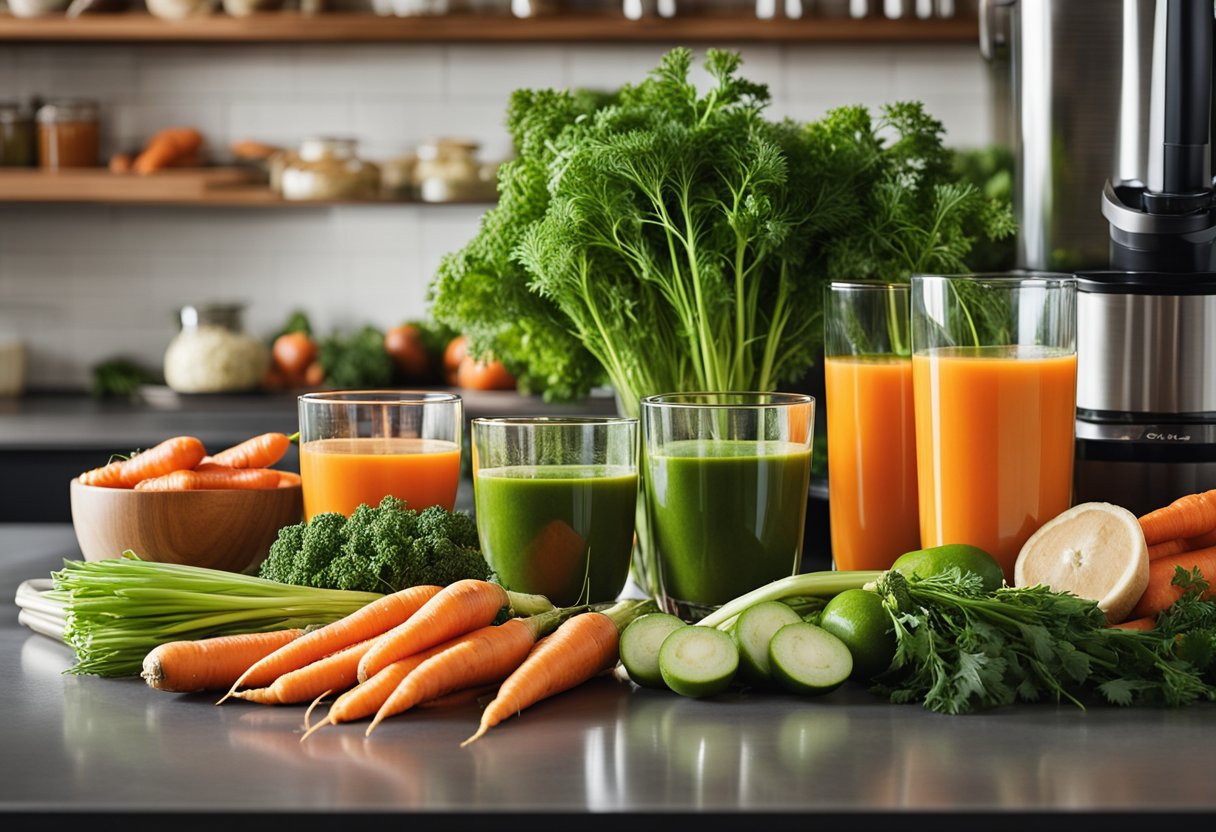 A colorful array of fresh carrots, vibrant green leafy tops, and a variety of juicing equipment arranged on a clean, well-lit kitchen countertop