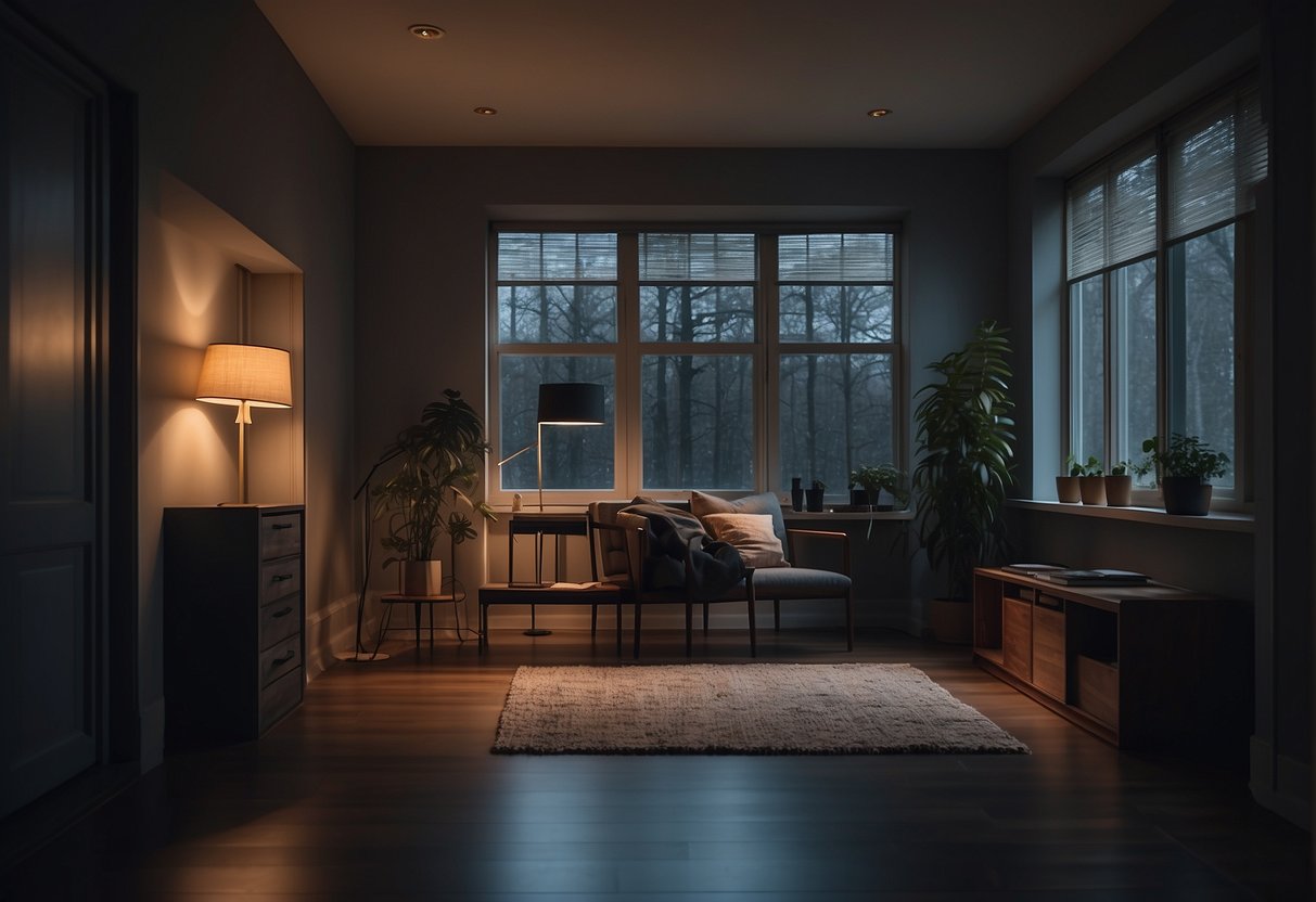 The Psychology of Space - A small, dimly lit room with minimal furniture and a single window. The space feels closed off and isolating, creating a sense of confinement and solitude
