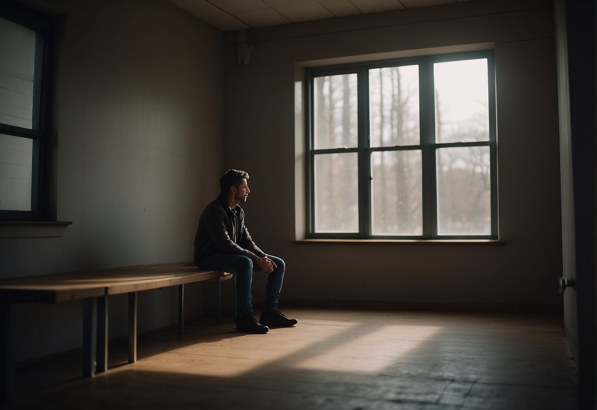 A person sits alone in a small, dimly lit room, surrounded by bare walls. The space feels suffocating, emphasizing the challenges of isolation and confinement on mental health