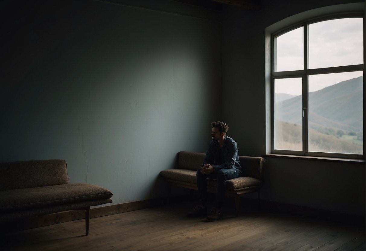 A person sits alone in a small, dimly lit room. The walls are bare, and the only window is covered with heavy curtains. The room feels oppressive and isolated, with no signs of life or nature