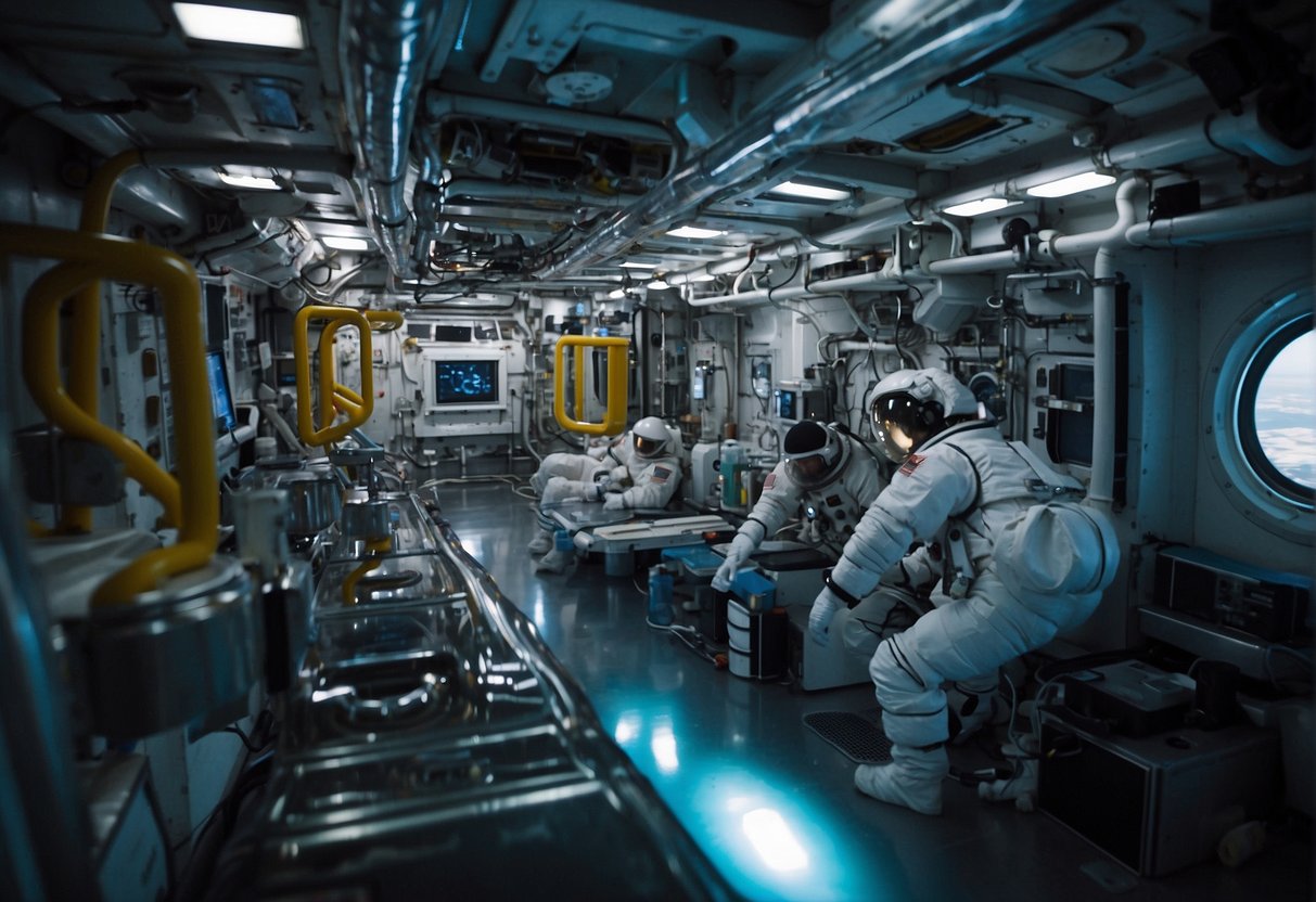 The water and air regeneration systems on the ISS are hard at work, purifying and recycling vital resources for the astronauts. The machines hum softly, surrounded by pipes and tanks, as they play a crucial role in sustaining life in the harsh environment of space