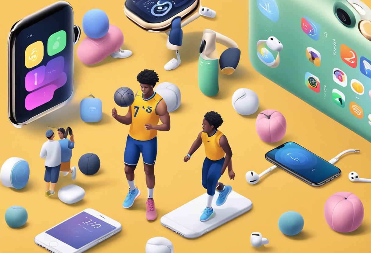 A group of people playing various sports with Apple products, such as Apple Watch, iPhone, and AirPods, showcasing their features and capabilities