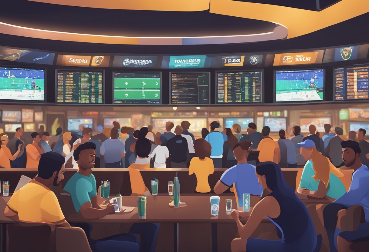 A crowded sports bar with multiple screens displaying live scores and odds. Patrons are engaged in intense betting discussions