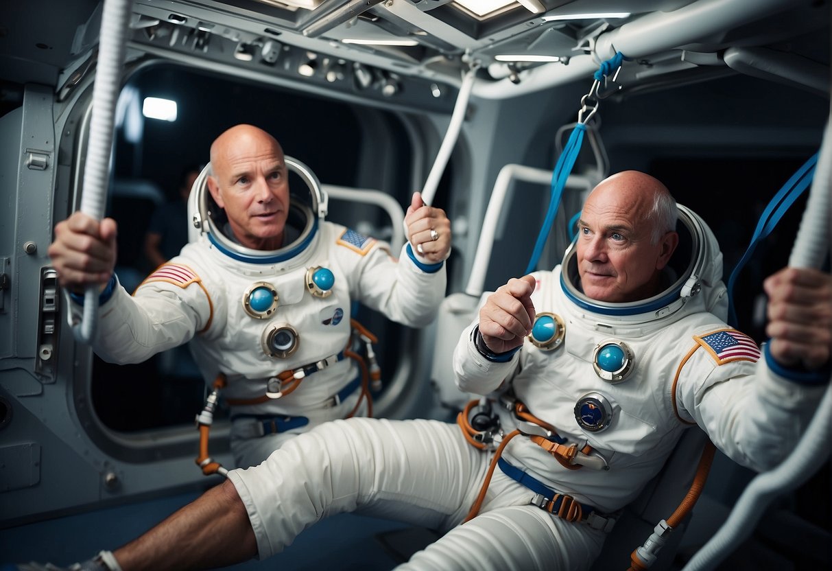 Astronauts in a zero-gravity environment, using resistance bands and exercise equipment to combat muscle atrophy and bone loss