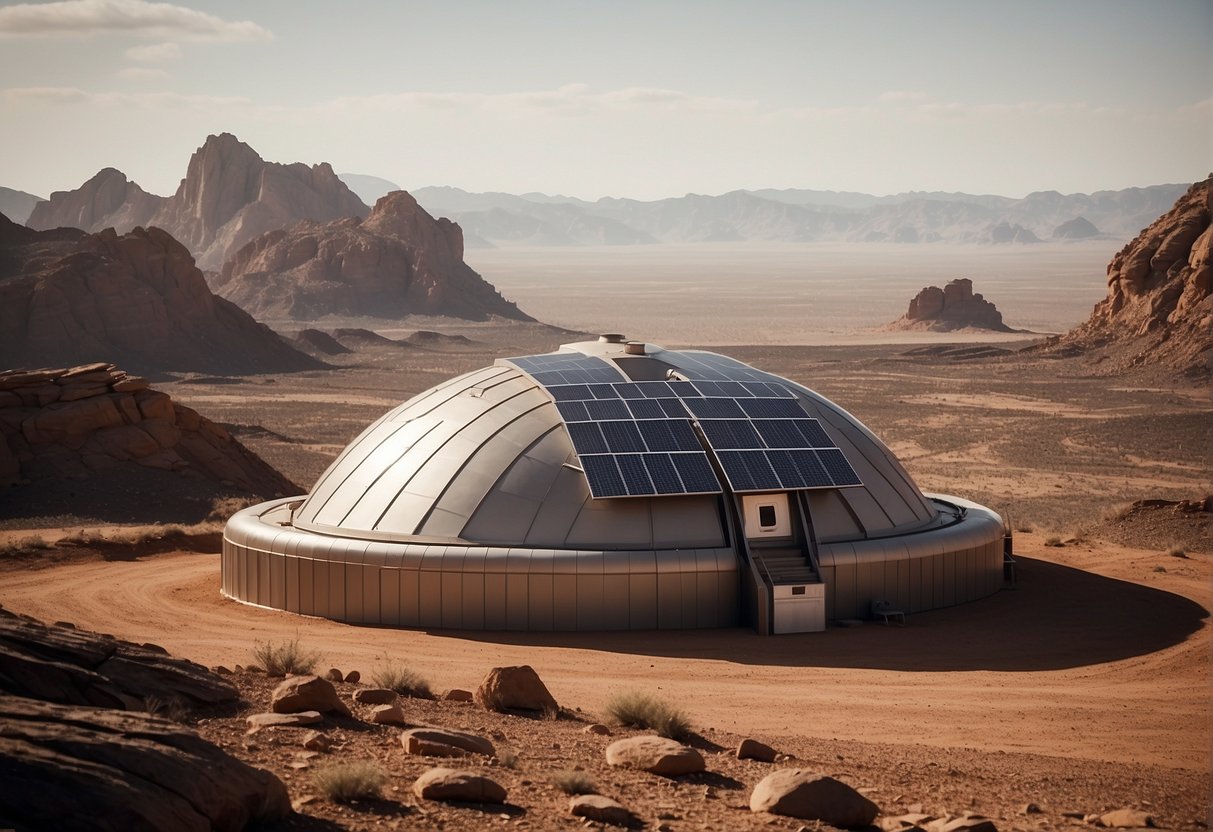 A domed structure with solar panels and airlocks, surrounded by rocky terrain and a distant view of the Martian landscape