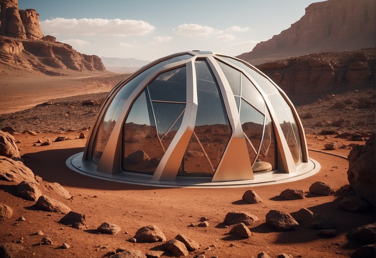 A dome-shaped habitat sits on the rocky surface of Mars, surrounded by red dust and towering mountains. Solar panels and airlock doors are visible, with a futuristic and functional design for sustainable living