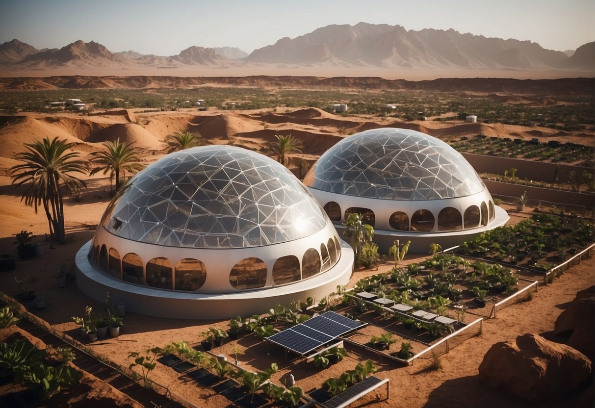 Martian homes with domed structures and solar panels, surrounded by hydroponic gardens and transportation pods