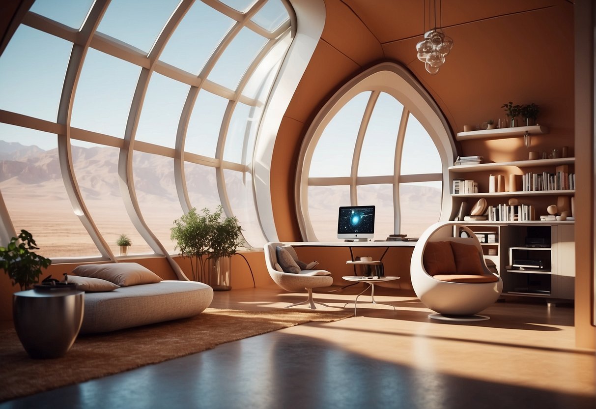 A Martian home design with sleek, futuristic architecture and efficient, space-saving features. Solar panels and advanced life support systems visible
