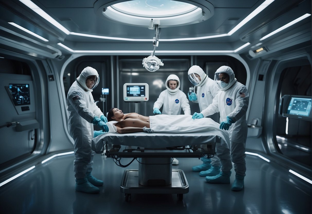 Space Surgery - Astronauts in a sterile, futuristic medical bay perform emergency surgery on a floating, unconscious patient in a zero-gravity environment