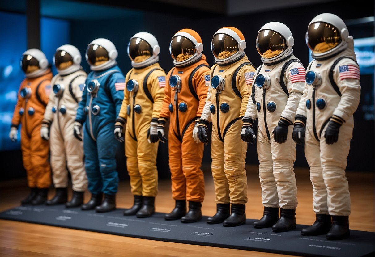 A timeline of astronaut suits, from bulky and rigid to sleek and functional, displayed in a museum exhibit