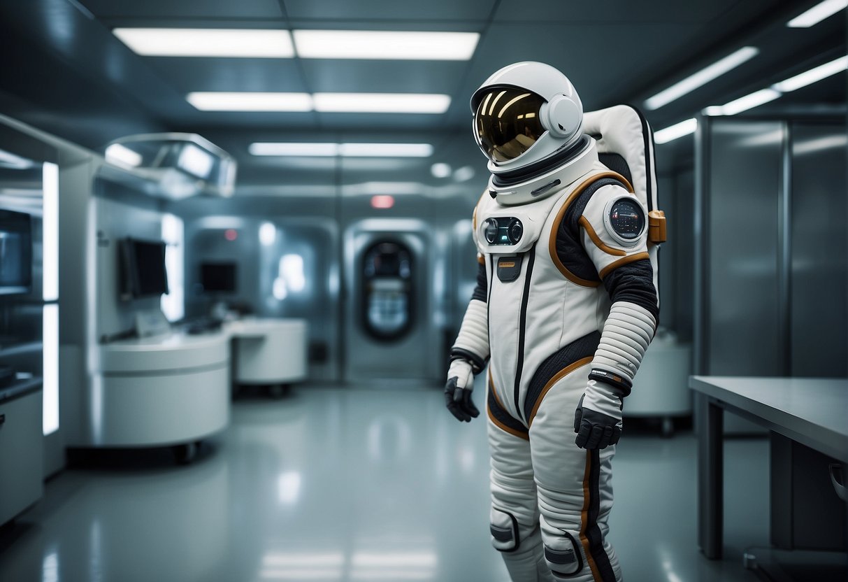 A sleek, modern spacesuit hangs in a high-tech laboratory, surrounded by futuristic equipment and advanced materials. The suit's design reflects a focus on both mobility and functionality, with sleek lines and integrated technology