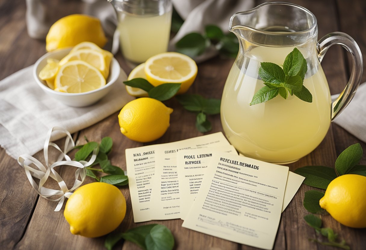 A pitcher of old lemonade juice surrounded by 17 recipe cards