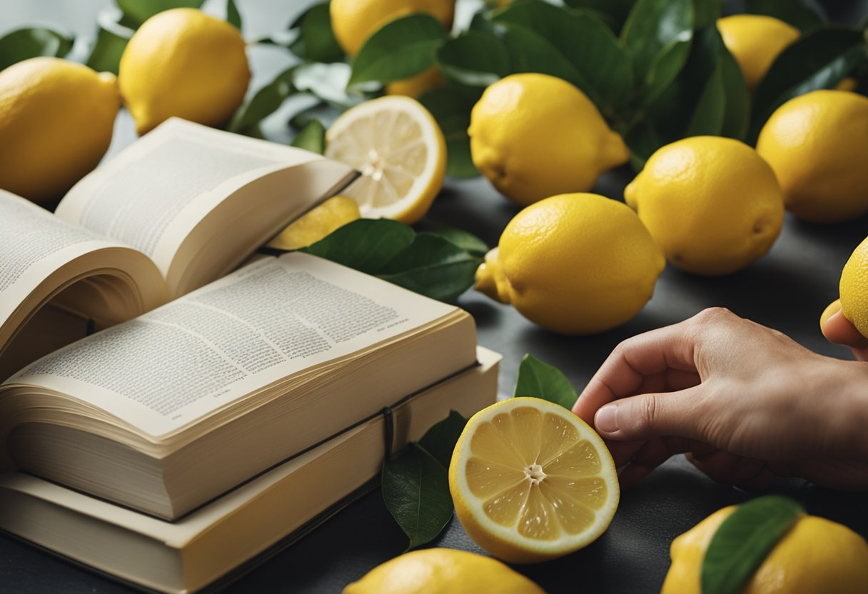 A hand reaches for a ripe lemon among a pile of lemons, with a bottle of lemonade juice and a stack of recipe books in the background