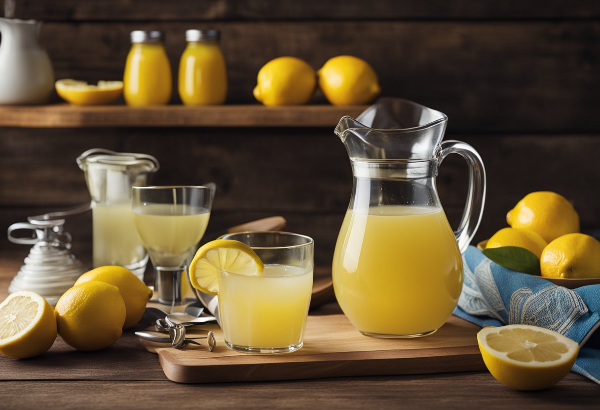 A table with a pitcher, lemons, juicer, cutting board, knife, sugar, and measuring spoons. Recipe book open to "Old Lemonade" page 17
