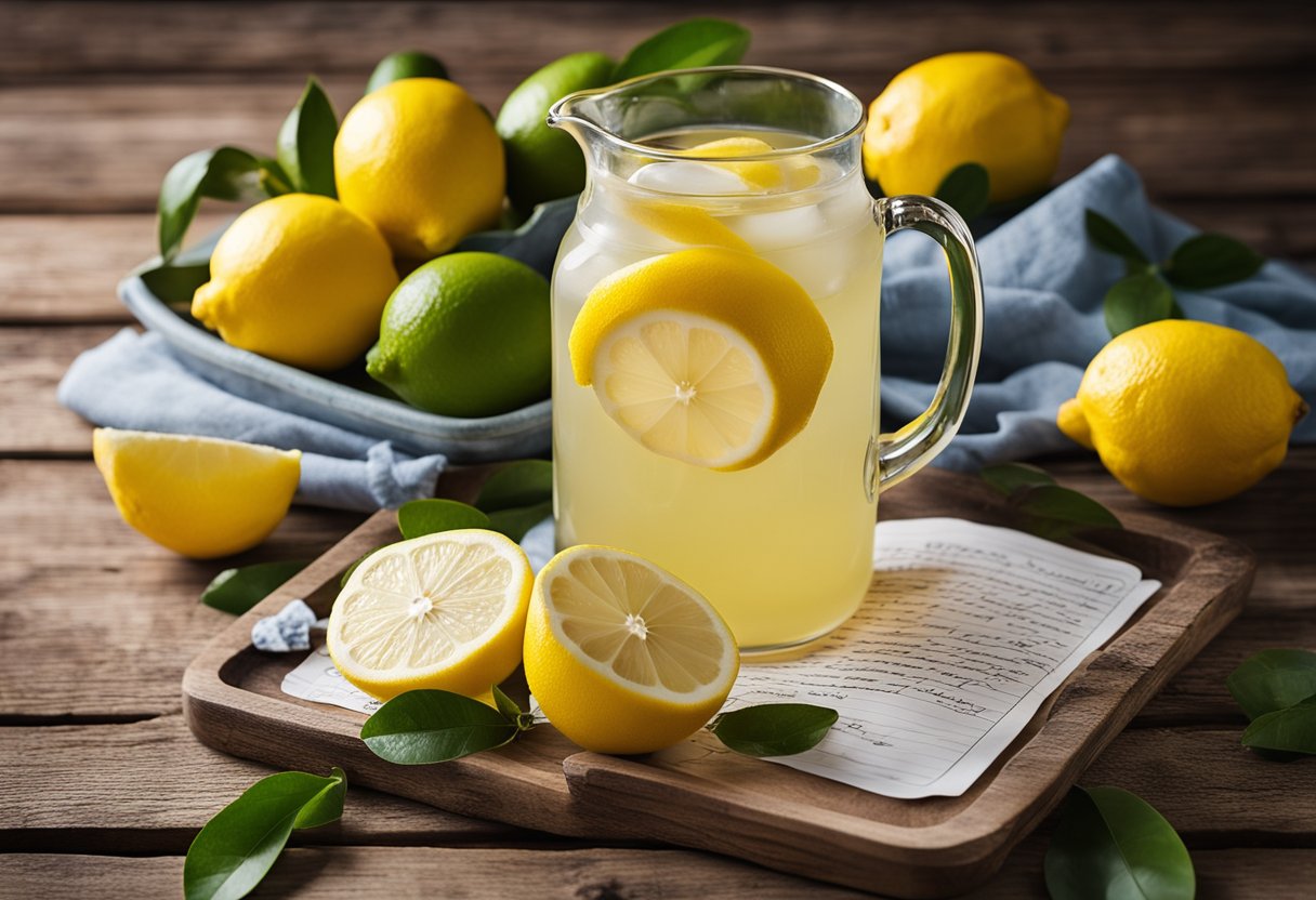 A pitcher of old-fashioned lemonade sits on a rustic wooden table, surrounded by fresh lemons and a handwritten recipe card