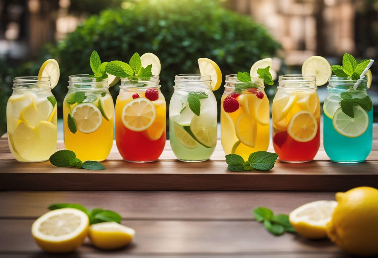A table displays 17 glasses of lemonade in different colors and flavors, surrounded by fresh lemons and mint leaves