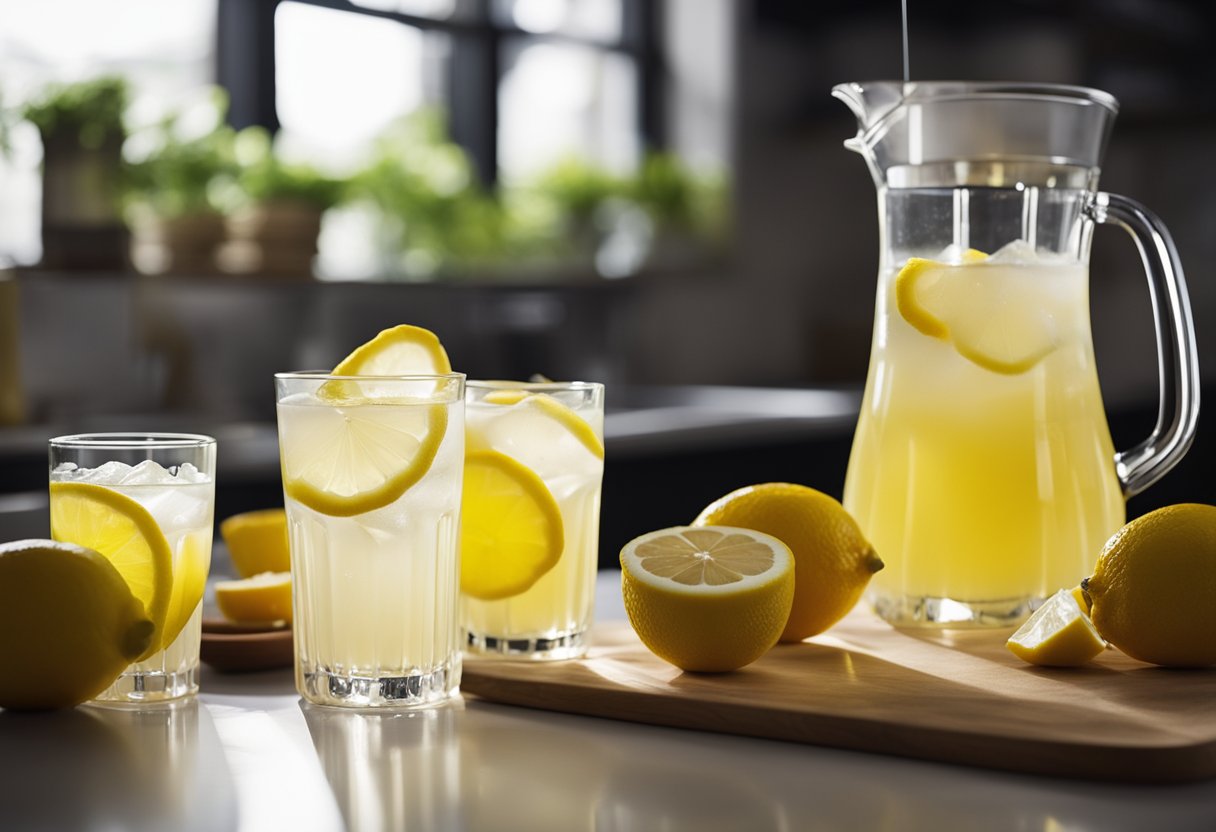 A pitcher pours fresh lemonade into a glass, while a pile of sugar sits nearby. Lemon halves and a juicer are on the counter