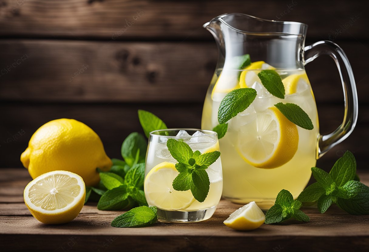 A pitcher of lemonade surrounded by fresh lemons, mint leaves, and ice cubes on a rustic wooden table. A glass filled with the refreshing drink sits next to it