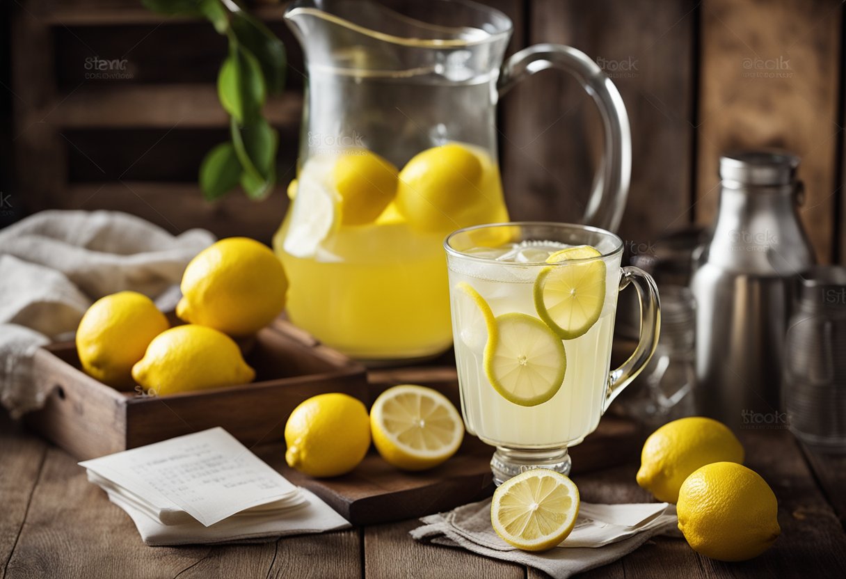 A pitcher of old-fashioned lemonade sits on a rustic wooden table, surrounded by fresh lemons and a stack of recipe cards
