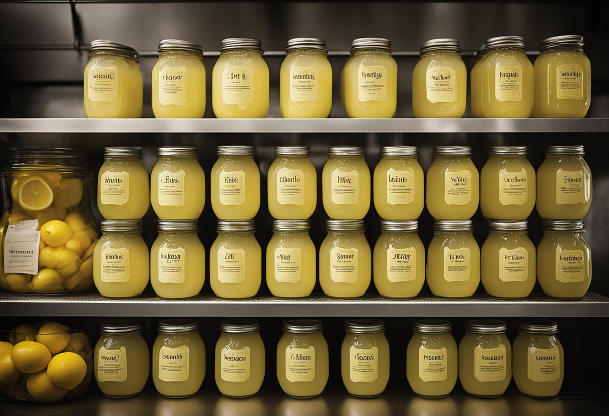 Lemonade jars lined on shelves, labeled "17 recipes Old Lemonade juice." A cool, dark storage room preserves the refreshing beverage