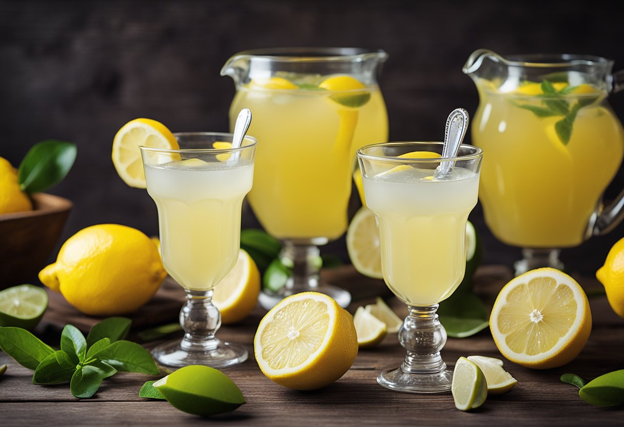 A table with measuring cups and spoons, surrounded by fresh lemons and a pitcher of lemonade juice