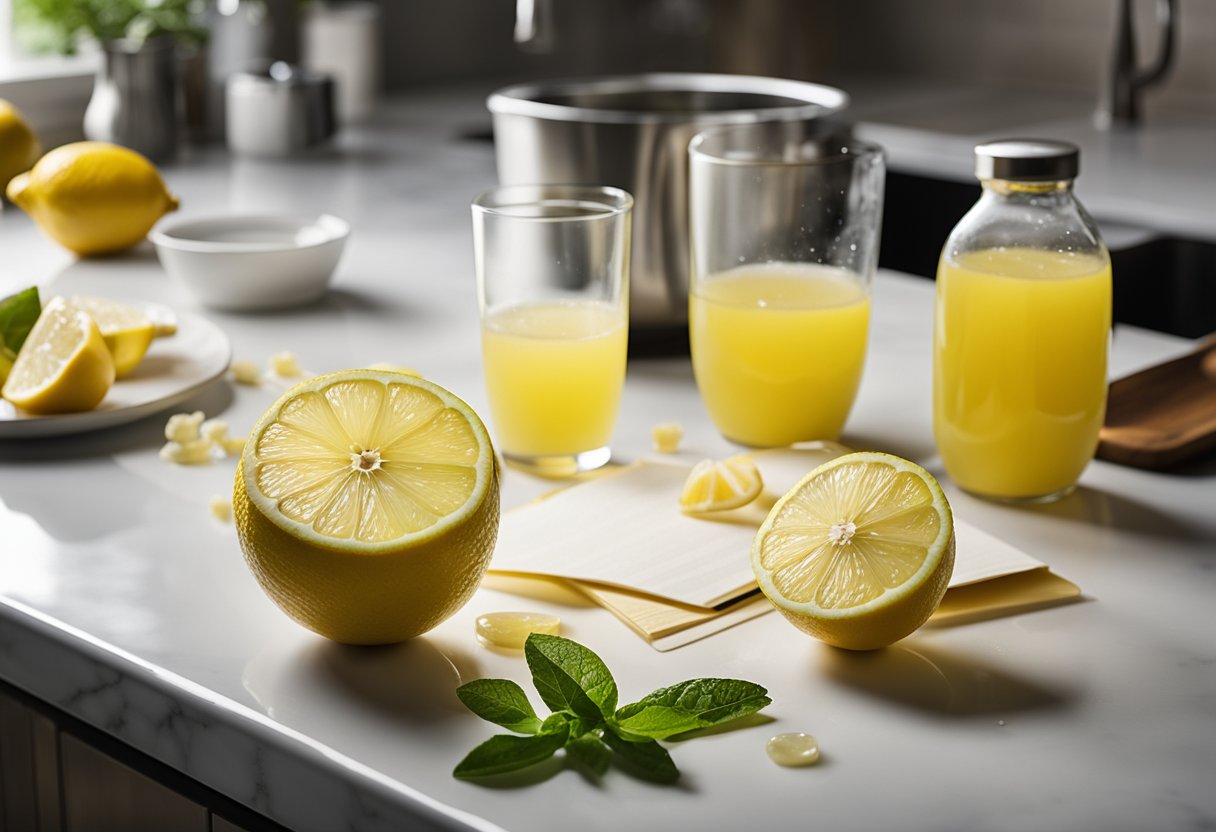 Lemonade ingredients scattered on a kitchen counter with spilled juice and open recipe book