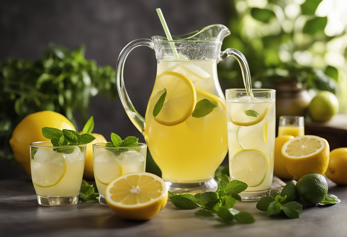 A pitcher of lemonade sits next to a spread of 17 food recipes, including fruits and savory dishes. The lemonade is poured into a glass, with condensation forming on the outside
