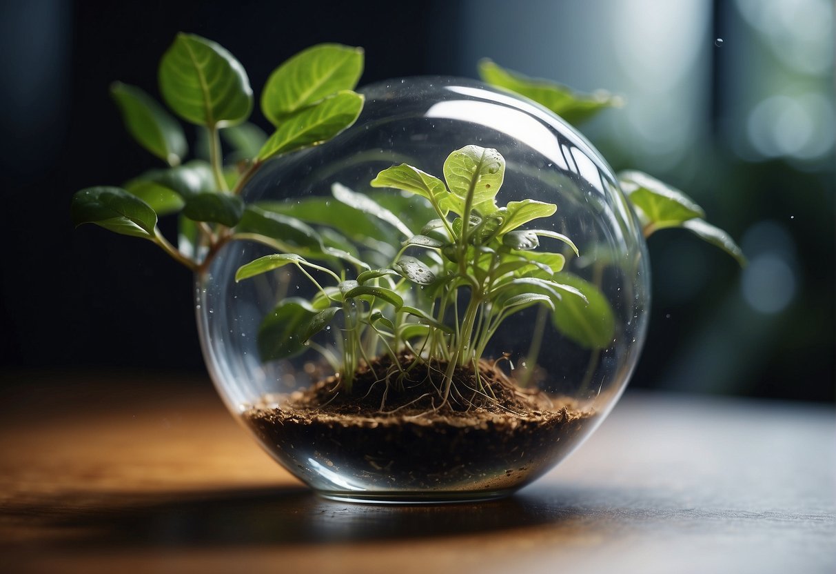 Cultivating Space - Plants float in a transparent chamber, roots reaching out in all directions. Water droplets cling to leaves as they defy gravity, a delicate dance of growth in the weightless environment of space