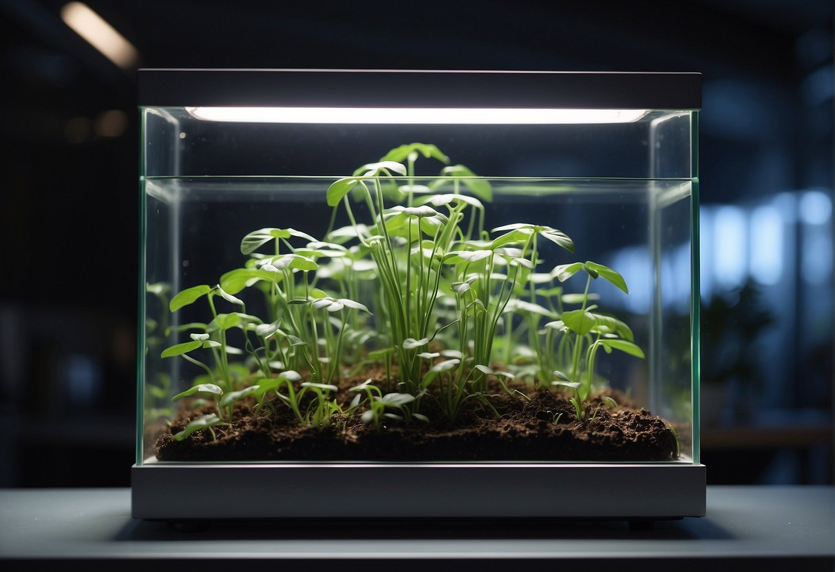 Plants float in a transparent, zero-gravity chamber. Roots reach out in all directions, seeking nutrients. A glowing light source provides artificial sunlight for the plants to grow