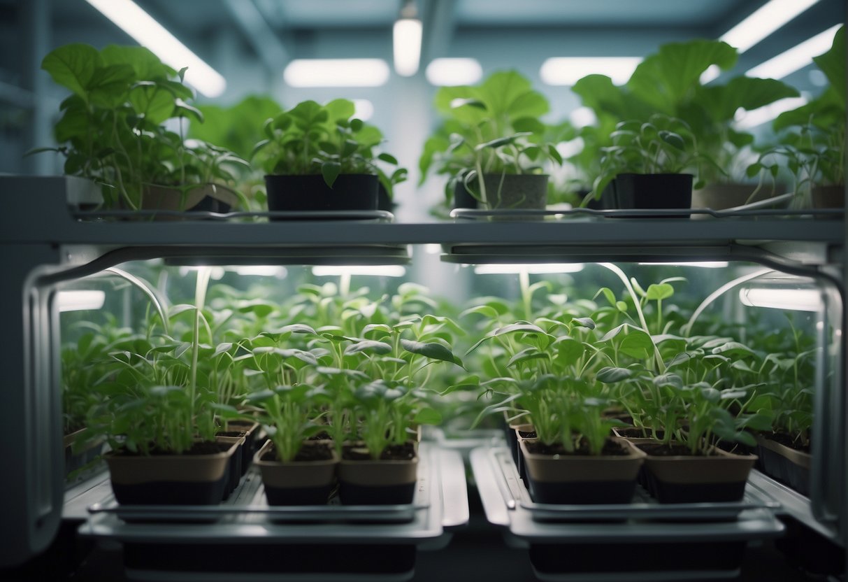 Plants float in a controlled environment, roots reaching out for nutrients in zero gravity. Equipment carefully monitors their growth, presenting both challenges and opportunities for space nutrition