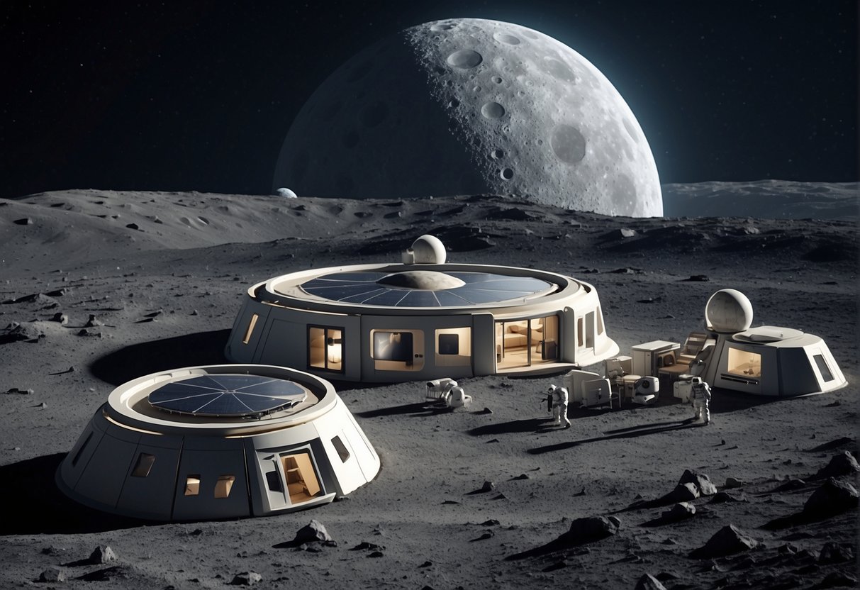 A lunar habitat with modular living quarters, solar panels, and airlocks, nestled within a crater on the moon's surface