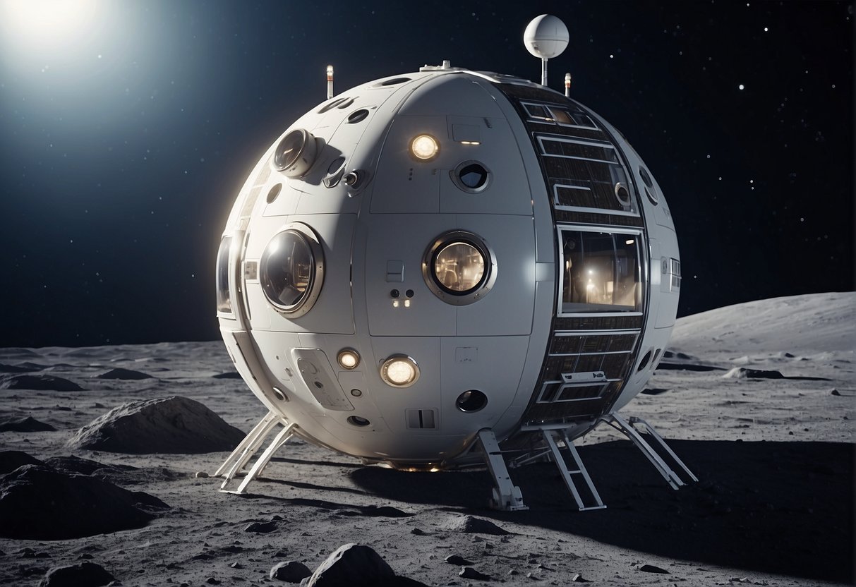 A spacious lunar habitat with interconnected modules, featuring advanced life support systems and comfortable living conditions for extended stays on the moon