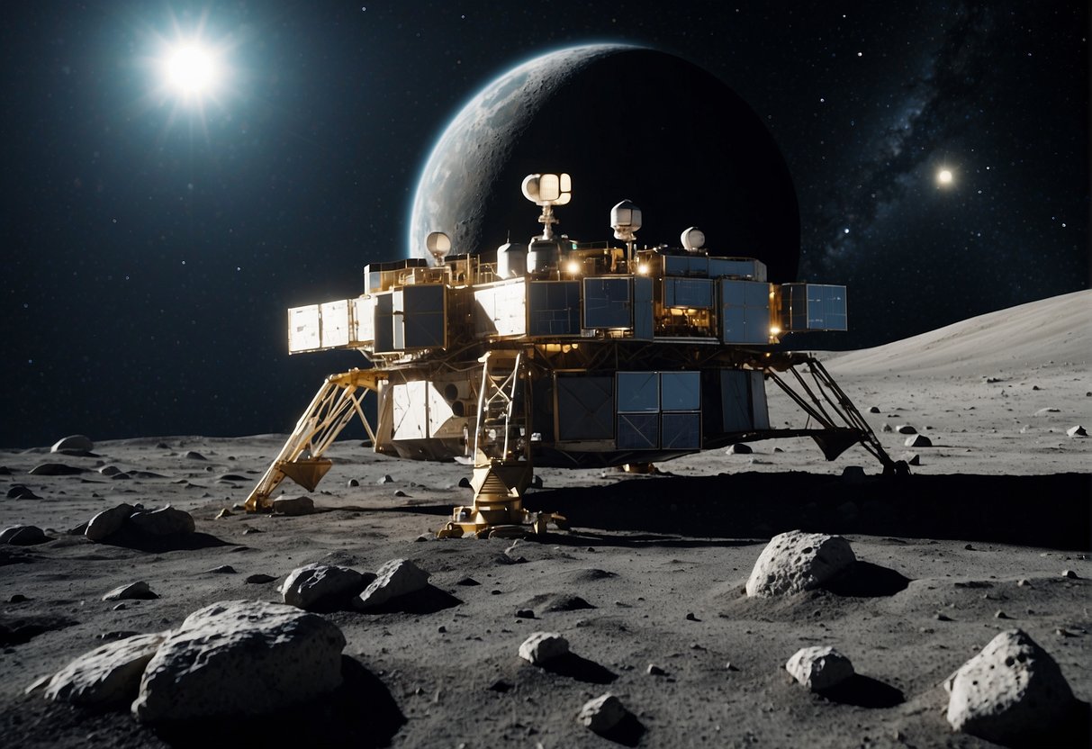 A lunar habitat sits on the rugged, rocky surface of the moon, surrounded by craters and distant Earth in the sky. Solar panels and communication antennas are visible on the exterior of the habitat