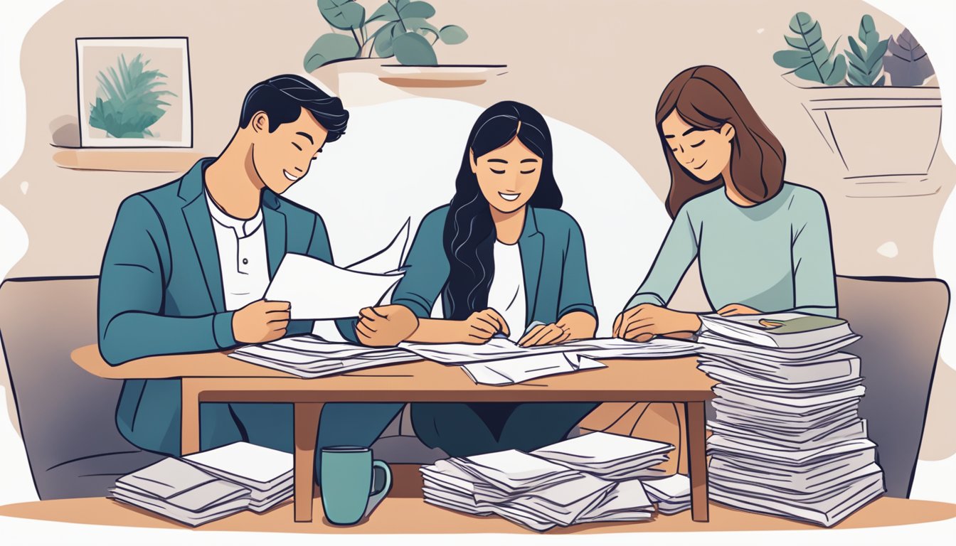 A couple sits at a table, surrounded by wedding planning materials. They hold hands as they read through a stack of papers labeled "Frequently Asked Questions All You Need to Know About Wedding Loans in Singapore."