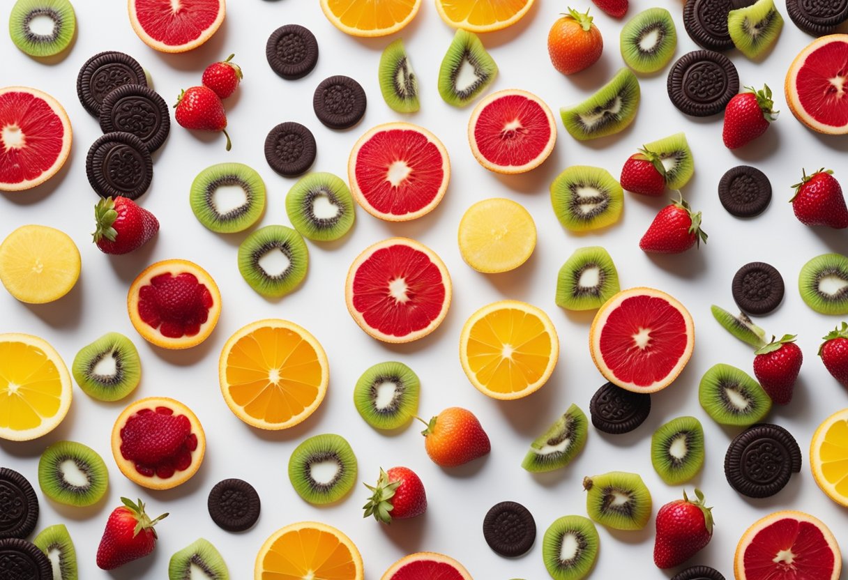 A colorful array of fresh fruits and Oreo cookies arranged on a clean, white surface, ready to be used in the creation of a delicious Fruity Oreo Bliss dessert