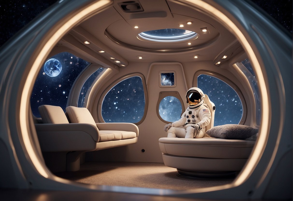 A peaceful astronaut floats in a cozy sleeping pod, surrounded by twinkling stars and the soft glow of the spacecraft's interior lights