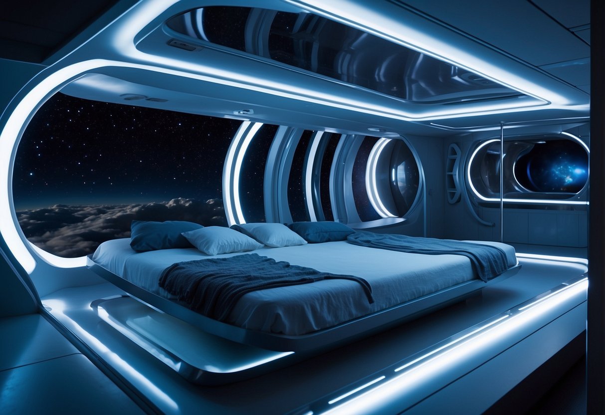 Sleep stations float in zero gravity, surrounded by twinkling stars. Soft, blue-hued light illuminates the sleek, futuristic design. The sleeping pods are arranged in a circular pattern, creating a sense of tranquility and calmness in the vastness