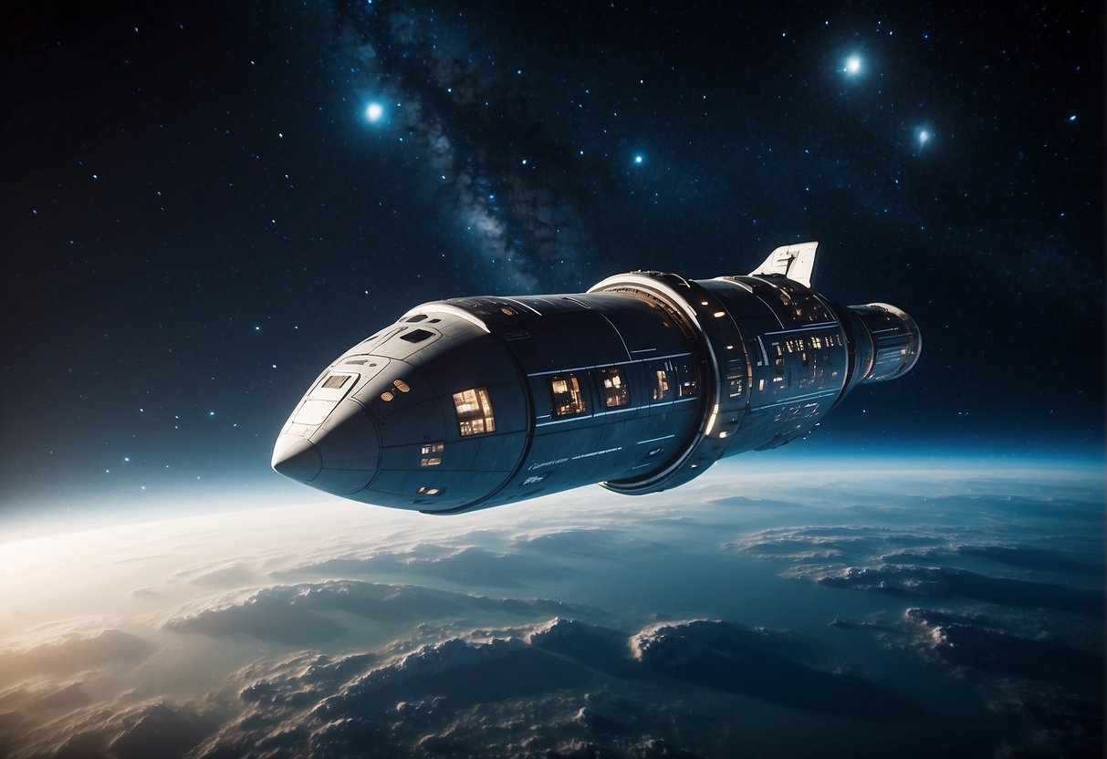 A spaceship drifts through the vast darkness of space, its interior bathed in a soft, blue light. Pods containing sleeping astronauts are suspended in mid-air, surrounded by twinkling stars