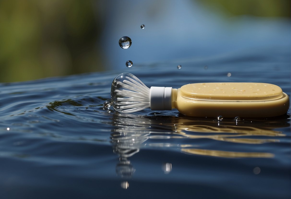 Floating water droplets surround a floating toothbrush and soap, with a towel tethered nearby. A vacuum hose collects the stray droplets