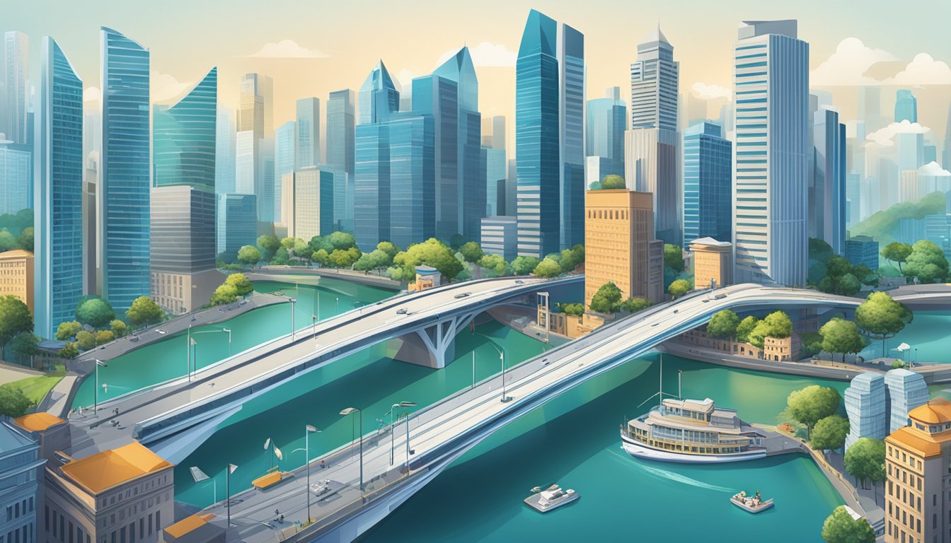 A bustling cityscape with banks and financial institutions, featuring a bridge connecting two parts of the city, symbolizing the concept of bridging loans in Singapore