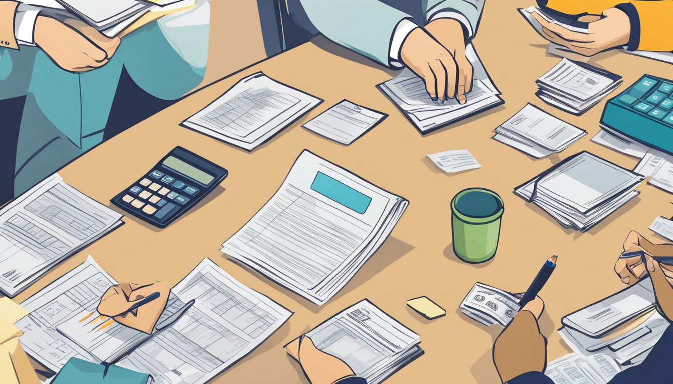 A person weighing the risks and benefits of bridging loans in Singapore, surrounded by financial documents and calculators